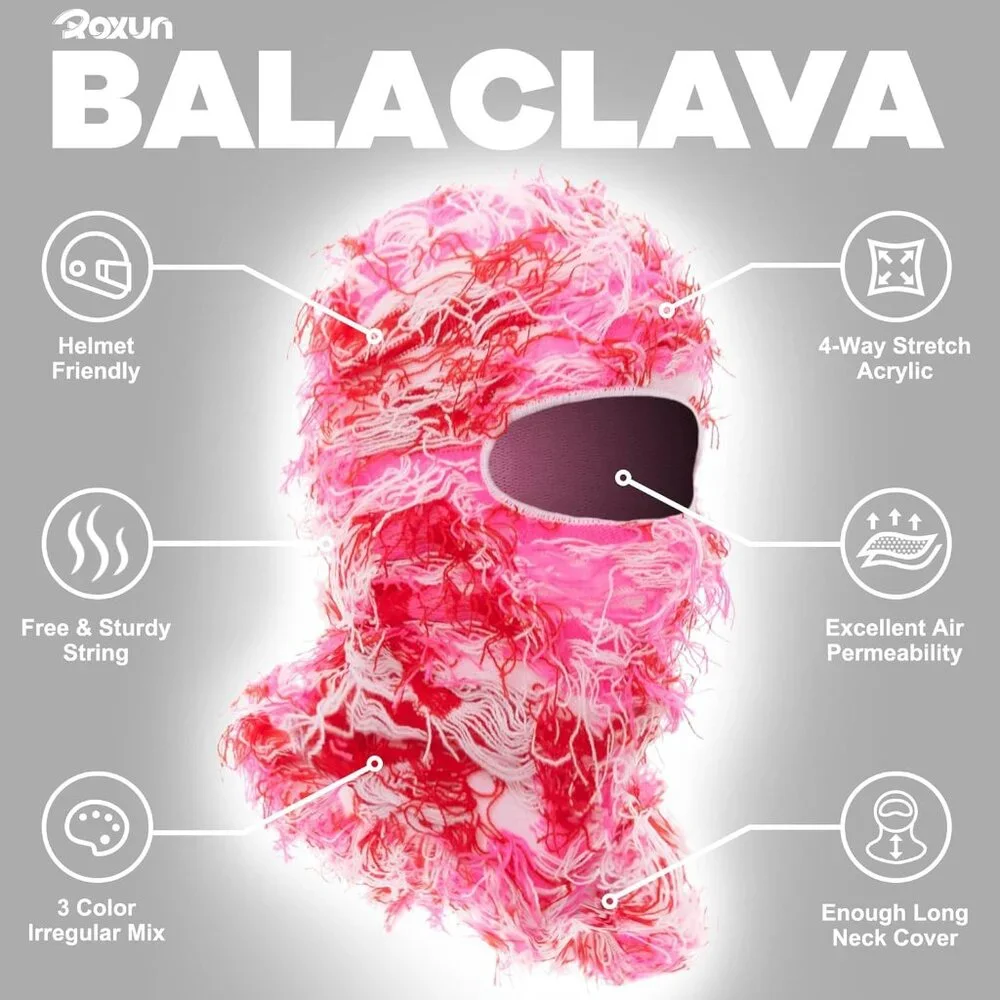 Distressed Ski Mask Balaclava Pink Mixed Acrylic Fuzzy Face Mask for Men Women